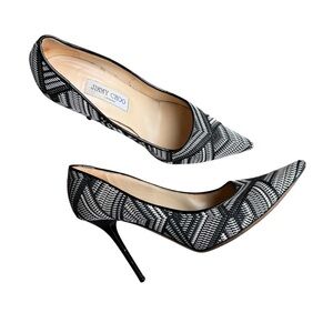 Jimmy Choo -Abel Black & White Woven Print Pointed Toe Stiletto Heels Sz 39.5